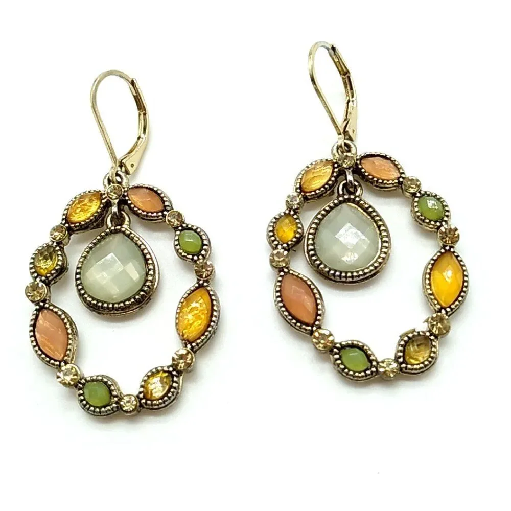 Faceted Oval Jeweled Leverback Earrings w Drop Teardrop Center